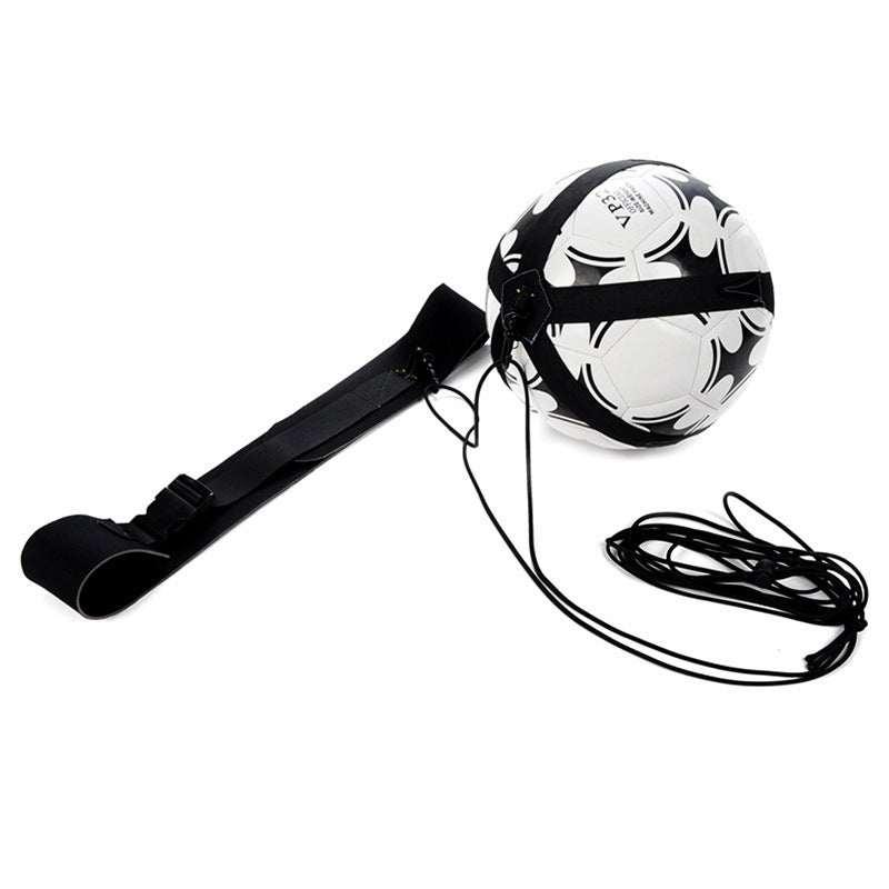 Black and white soccer ball with attached elastic training strap and adjustable belt