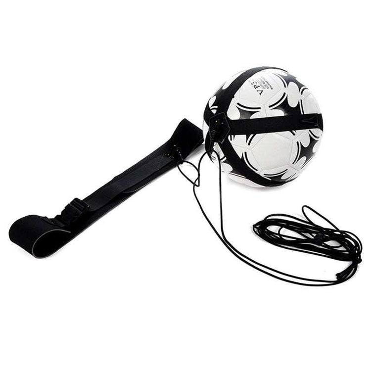 Black and white soccer ball with attached elastic training strap and adjustable belt
