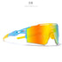Futuristic streetwear sunglasses with vibrant blue and yellow frame, mirror orange lens, oversized fit.
