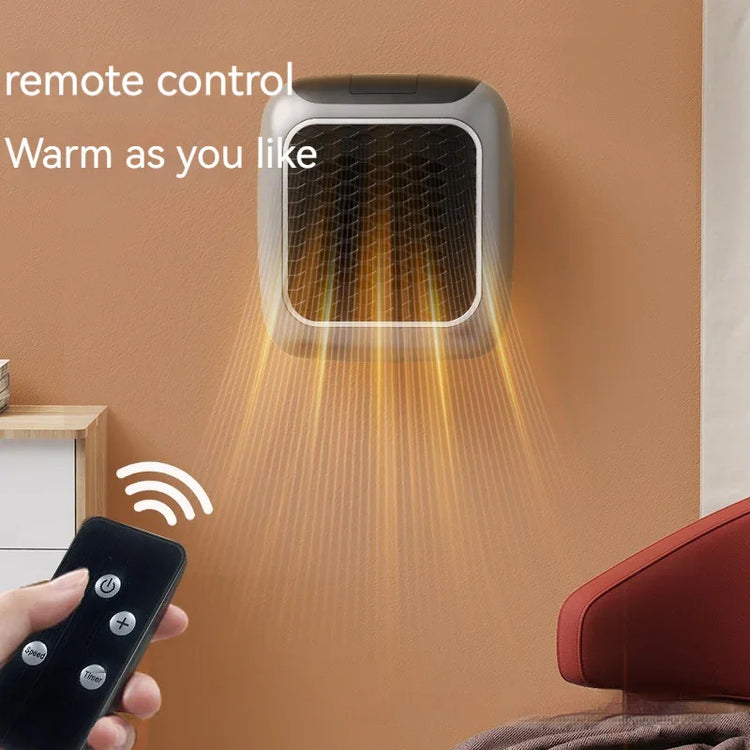 Wall-mounted electric heater in gray with remote control, emitting warm air in modern room