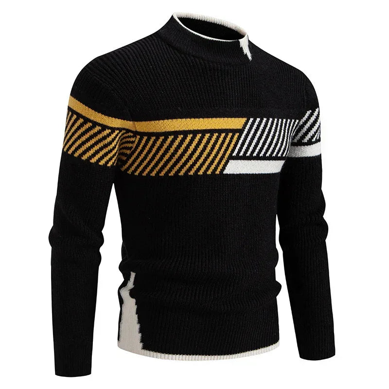 Black knit sweater with yellow and white geometric stripe pattern, slim fit, long sleeves.