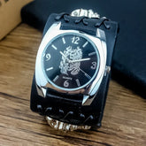 Black leather wide band watch with silver case, engraved dragon dial, bold streetwear accessory