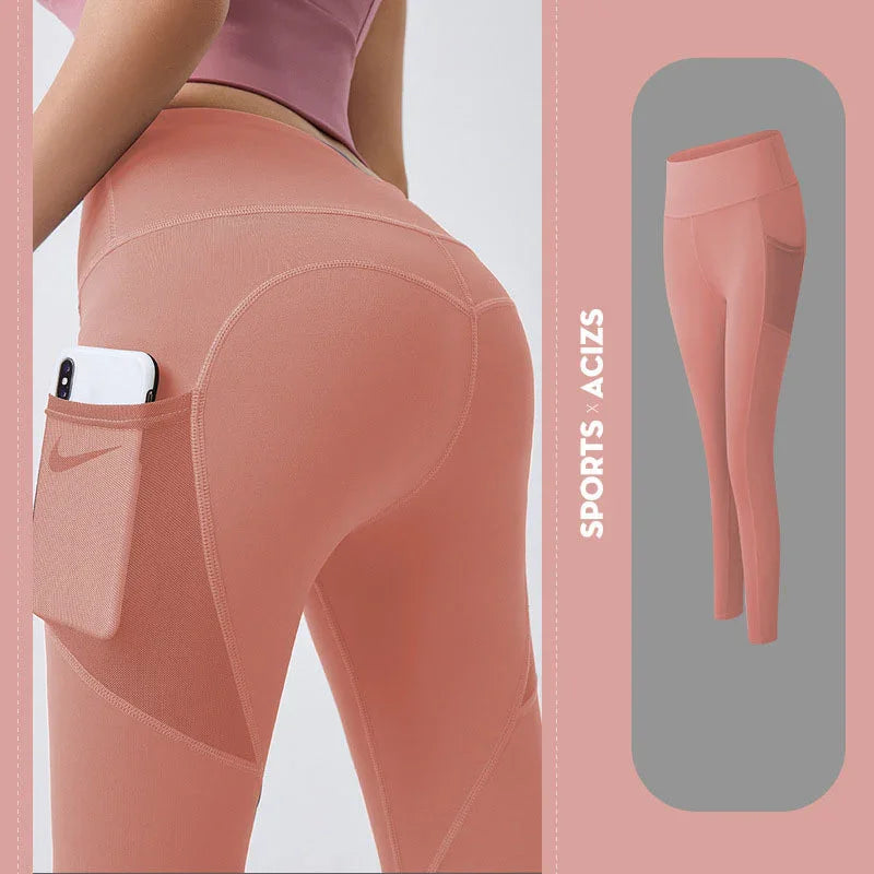 High-waisted peach pink leggings with side pocket, seamless fit, athletic stretchy fabric
