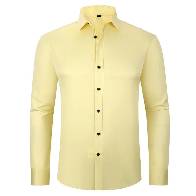 Men's slim fit yellow long sleeve shirt with black buttons and classic collar