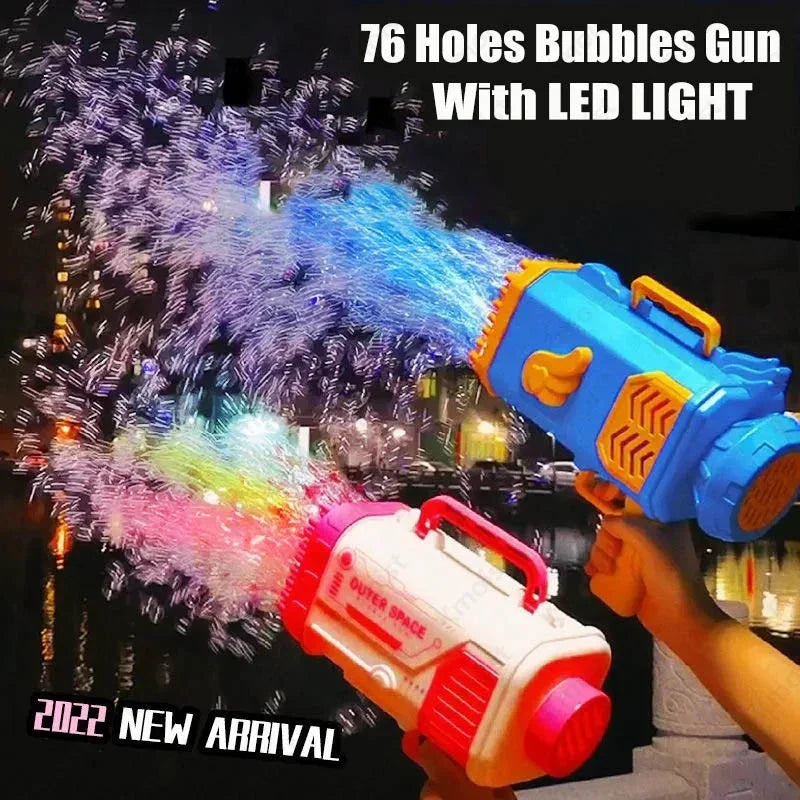 Two LED bubble guns, one blue-orange and one white-red, spraying bubbles at night.