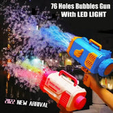 Two LED bubble guns, one blue-orange and one white-red, spraying bubbles at night.