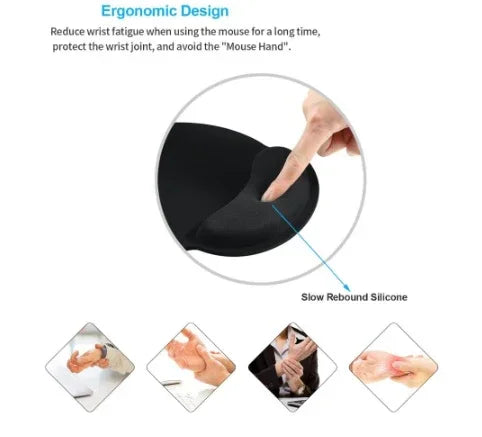 Black ergonomic mouse pad with slow rebound silicone wrist support, finger pressing for comfort demonstration.
