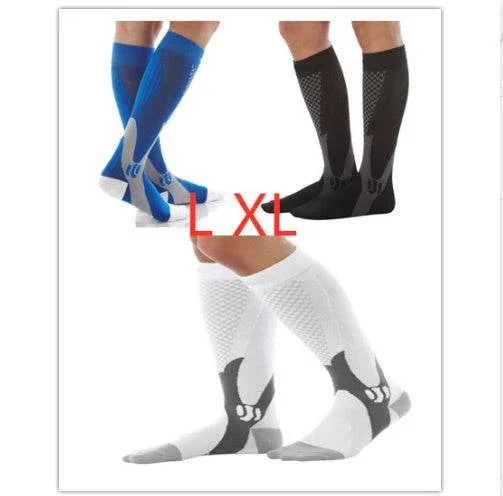 Men's knee-high compression socks in blue, black, and white, breathable athletic fit