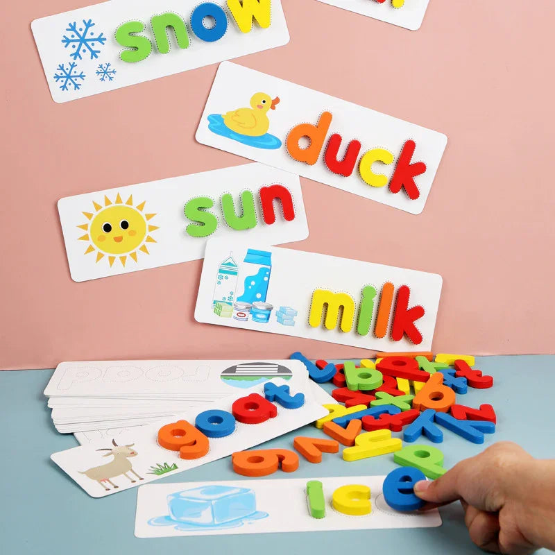 Colorful foam letter cards for kids spelling duck, snow, sun, milk, goat, and ice.