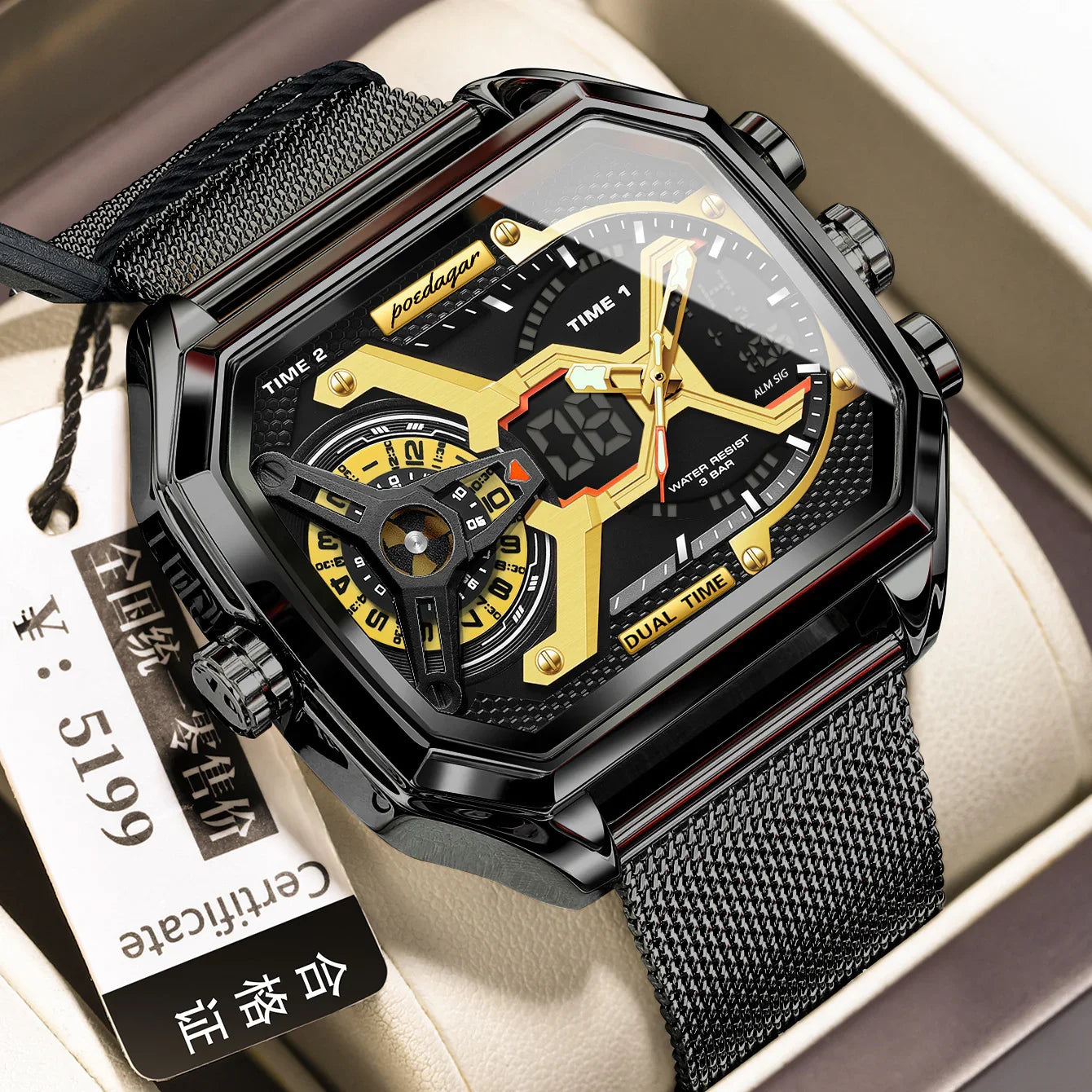 Square black and gold dual time watch with mesh stainless steel strap, modern urban style.