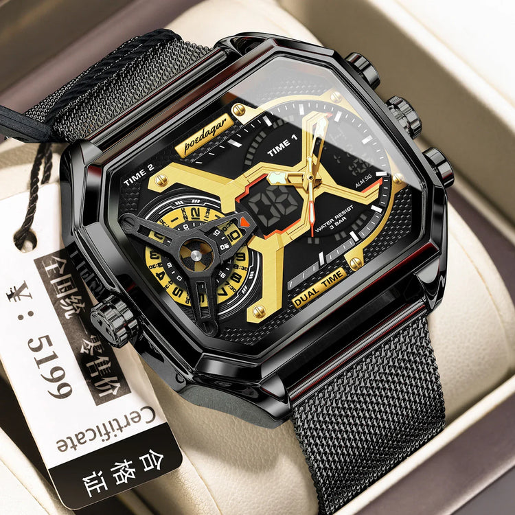 Square black and gold dual time watch with mesh stainless steel strap, modern urban style.