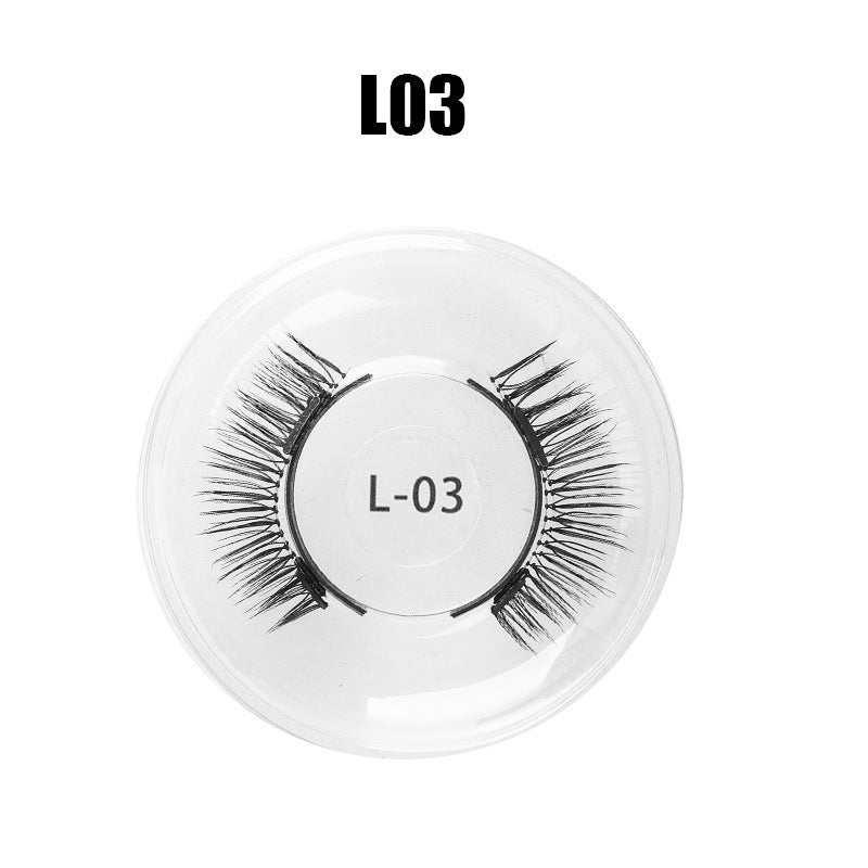 Black wispy false eyelashes in round clear case, labeled L-03, natural volume style