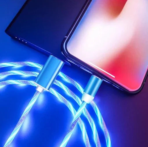 Glowing blue LED charging cable connected to a smartphone on a dark background