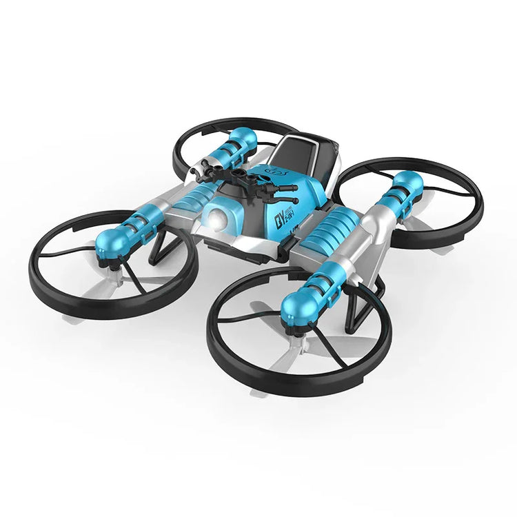 Blue and silver quadcopter drone with protected rotors, futuristic tech design, plastic body