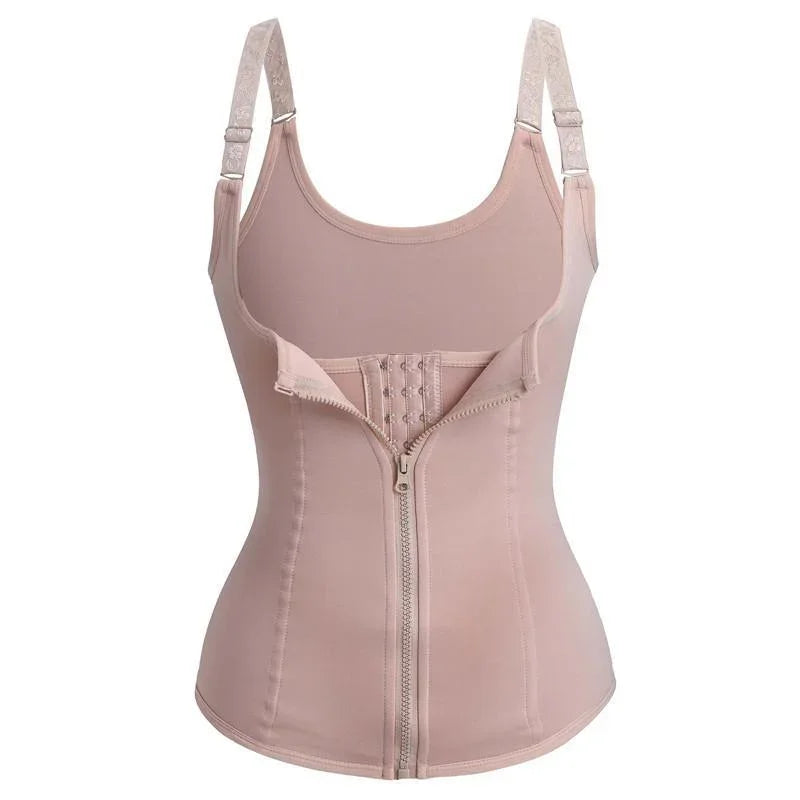 Beige shapewear tank top with adjustable straps and front zipper, fitted design