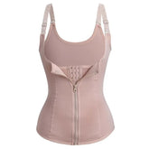 Beige shapewear tank top with adjustable straps and front zipper, fitted design