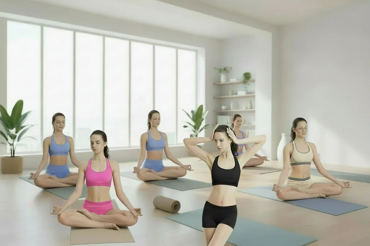 Women in colorful sports bras and shorts practicing yoga in a bright, modern studio