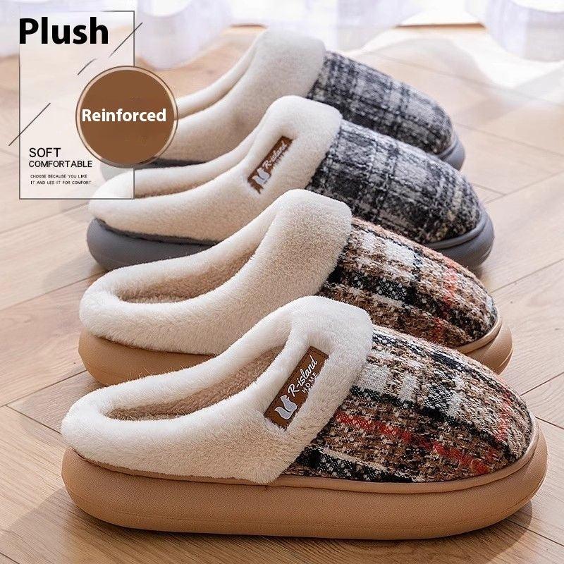Cozy plaid slip-on slippers with plush lining and thick reinforced sole on wooden floor