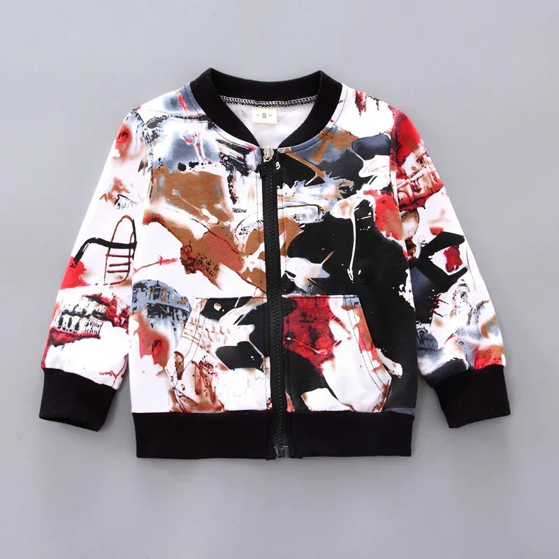 Kid's bomber jacket with abstract red, black, and brown print, zip front, ribbed cuffs