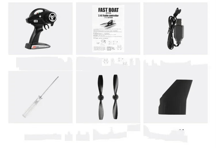 Radio control boat accessory kit with controller, charger, screwdriver, propellers, rudder, and manual.