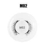 Pair of black synthetic false eyelashes in clear round case, style M02, wispy natural look