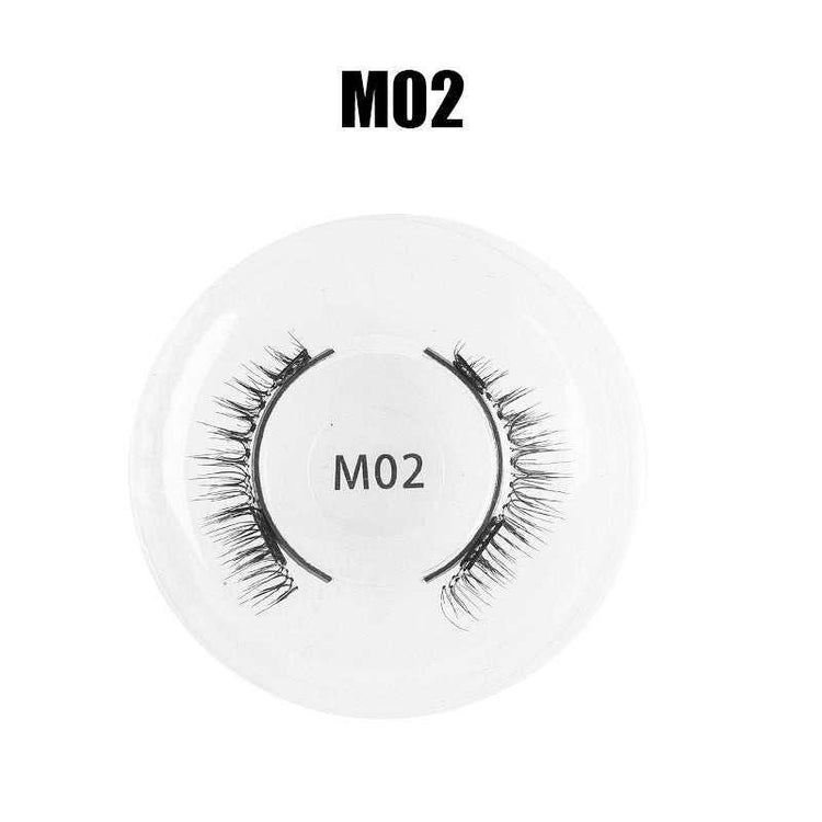 Pair of black synthetic false eyelashes in clear round case, style M02, wispy natural look