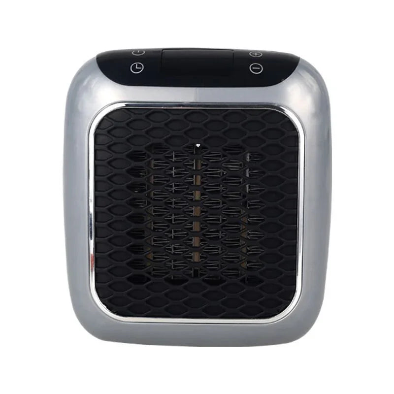 Compact portable electric space heater with silver and black modern design