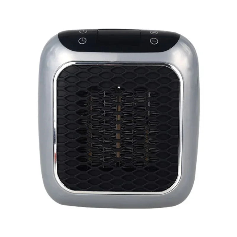 Compact portable electric space heater with silver and black modern design