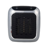 Compact silver and black portable electric heater with digital controls and mesh front panel