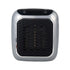 Compact silver and black portable electric heater with digital controls and mesh front panel