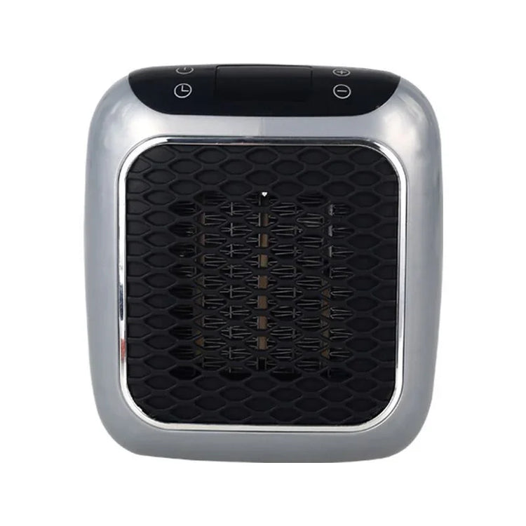 Compact silver and black portable electric heater with digital controls and mesh front panel