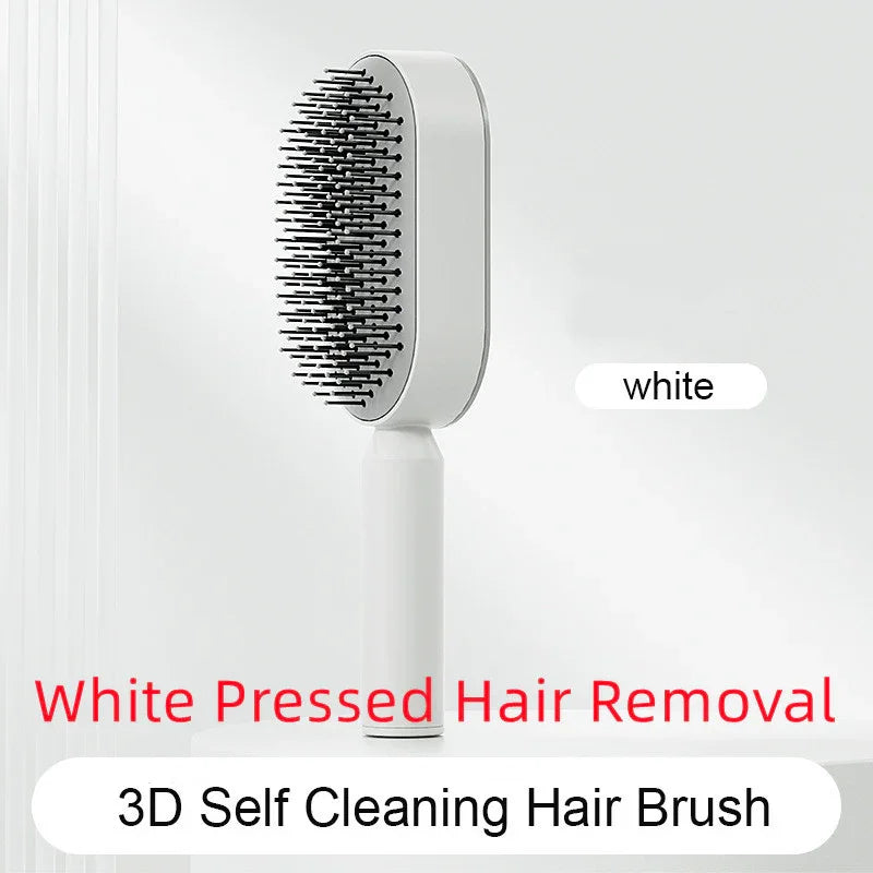 White 3D self-cleaning hair brush with pressed bristles, ergonomic handle, and minimalist design.