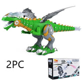 Green and gray robotic dinosaur toy with silver wings, plastic material, shown with box