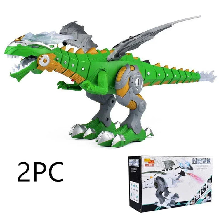 Green and gray robotic dinosaur toy with silver wings, plastic material, shown with box