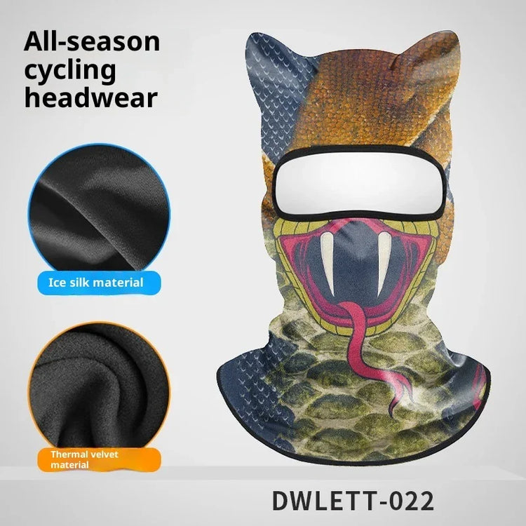 Snake print balaclava with cat ears, featuring ice silk and thermal velvet materials, all-season fit.