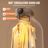 Beige button-up shirts hanging in a heated air drying chamber, 360-degree circulating warm air, fast drying, modern design.