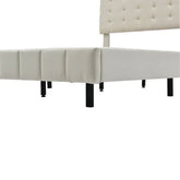 Minimalist beige upholstered bed frame with tufted headboard, modern low profile design