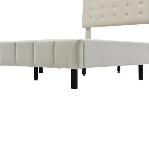 Minimalist beige upholstered bed frame with tufted headboard, modern low profile design