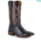 Black ostrich leather cowboy boot with brown embroidered western pattern, square toe, mid-calf fit