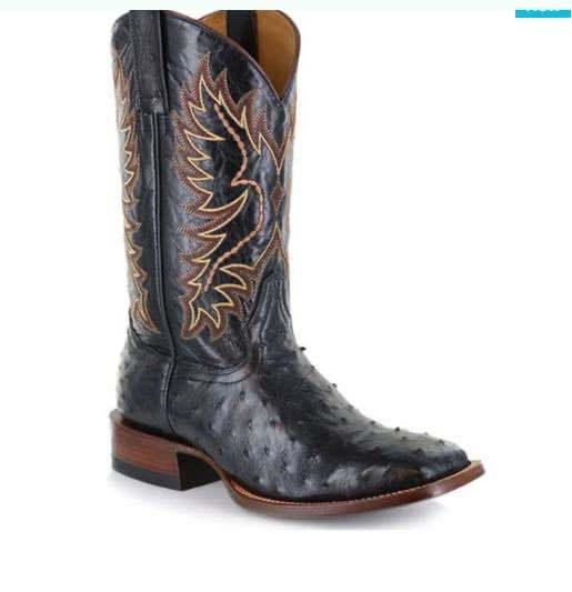 Black ostrich leather cowboy boot with brown embroidered western pattern, square toe, mid-calf fit
