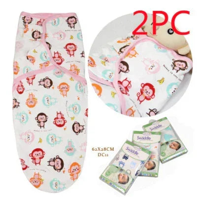 Colorful baby swaddle blankets with cartoon monkey print, soft cotton, adjustable fit, 2 pack.