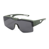 Futuristic streetwear sunglasses with angular dark lenses, green frame, wide fit