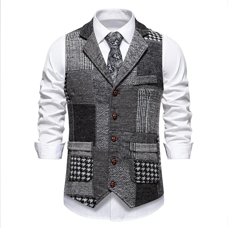 Men's patchwork tweed vest with brown buttons, white dress shirt, and paisley tie