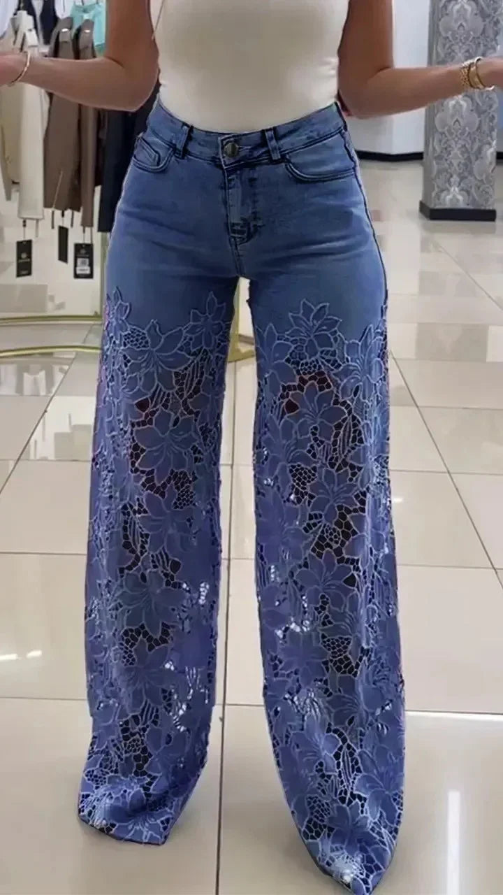Wide leg blue denim pants with sheer floral lace panels, high waist, relaxed fit, streetwear style