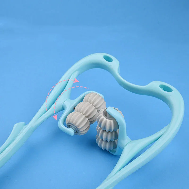 Light blue handheld massage roller with gray textured wheels on blue background