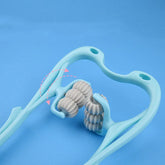 Light blue handheld massage roller with gray textured wheels on blue background
