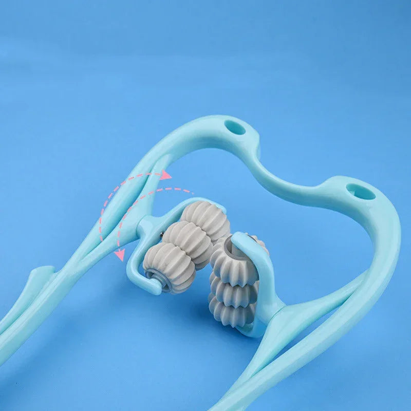 Light blue handheld massage roller with gray textured wheels on blue background