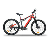 Red and black full-suspension electric mountain bike with thick tires, side view