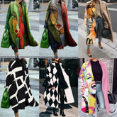Bold graphic and abstract print long coats in vibrant colors and geometric patterns, relaxed fit