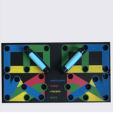 Multi-color push up board with color-coded guides and two blue foam grip handles